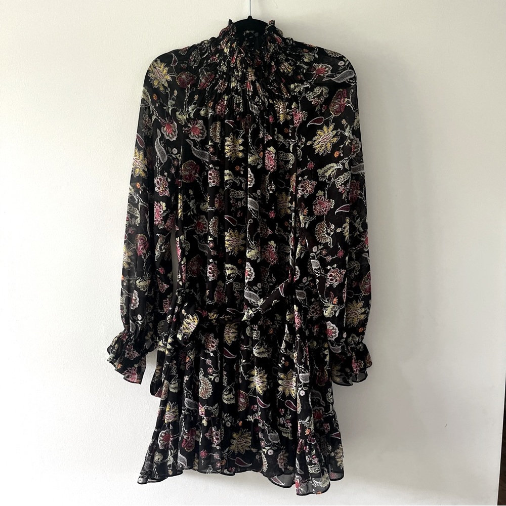 Cinq a Sept Paisley Long Sleeve High Neck Shift Mini Dress, Size 8